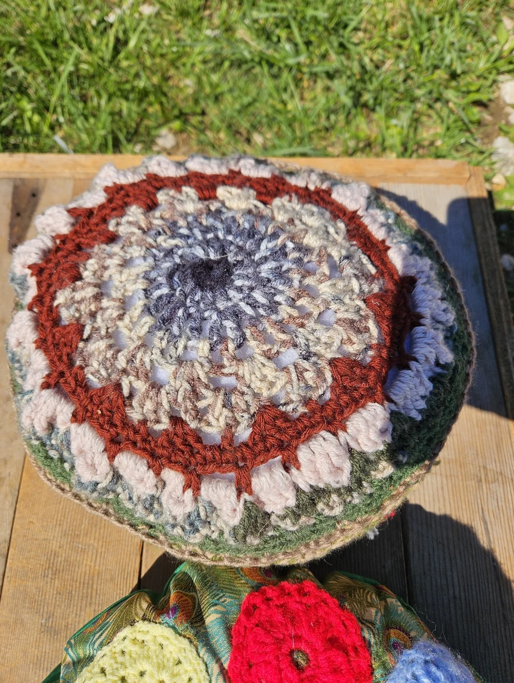 Vintage 70s Style Hand Crochet Round Boho Mandala Accent Throw Pillows Set of 2